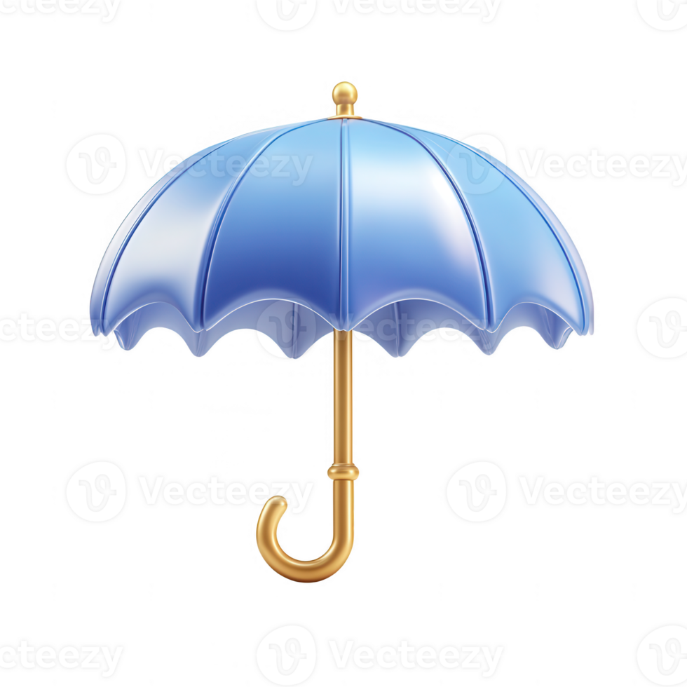 Elegant 3D Rendering of a Pale Blue Umbrella with Golden Accents Display png