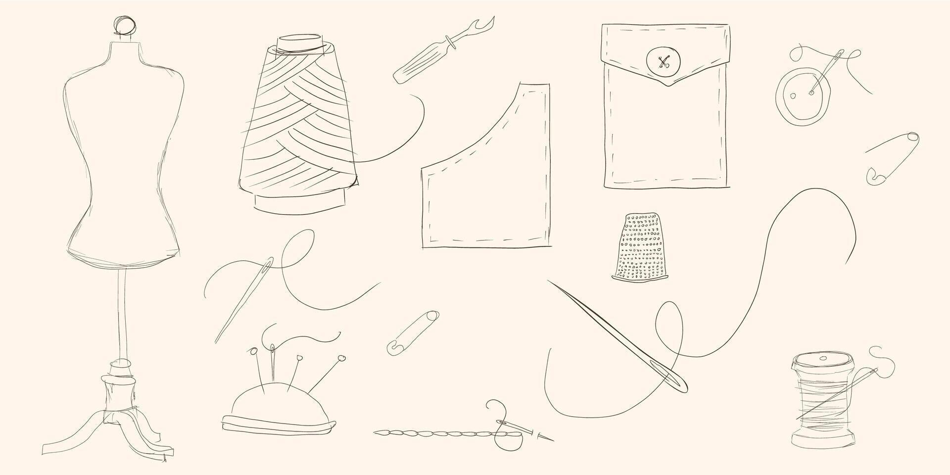 Tailor tools and accessories line icons set. Hand drawn retro equipment of seamstress to sew dress. Sewing, needlework, mascot, icons of designer and tailor workshop collection. vector
