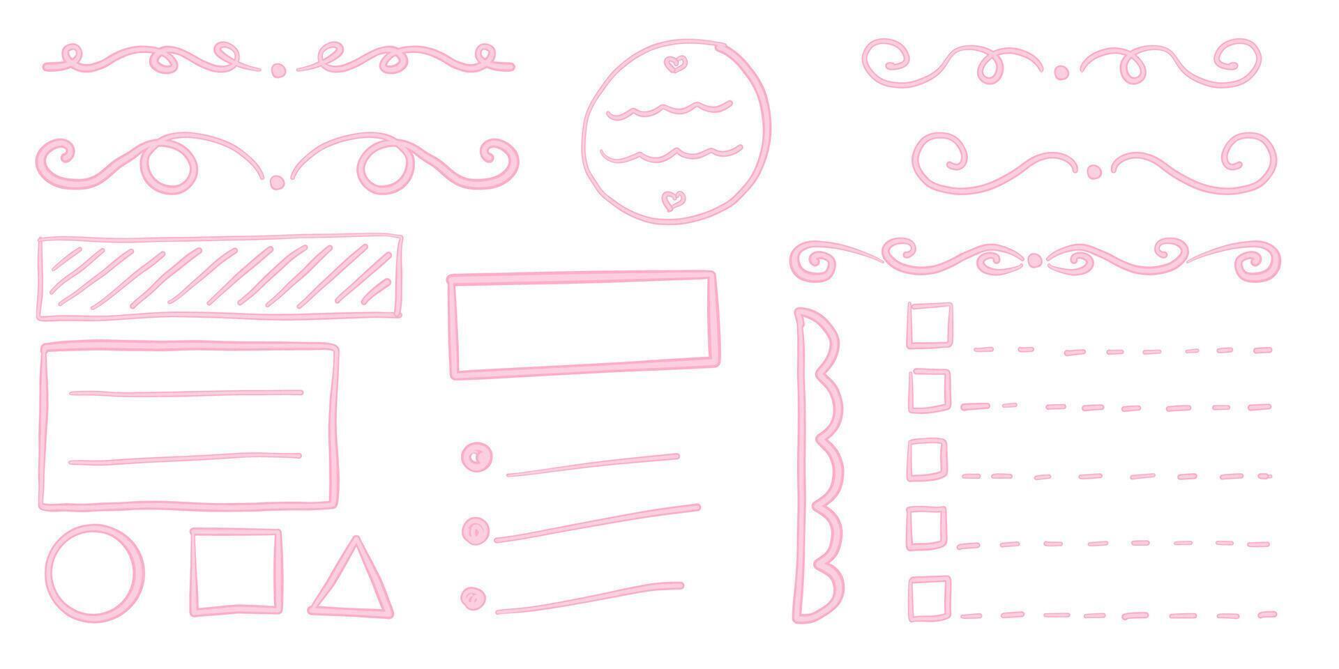 Coquette bullet journal elements. To-do list and stickers for gilly notebook planer. Hand drawn flourishes and stickers vector