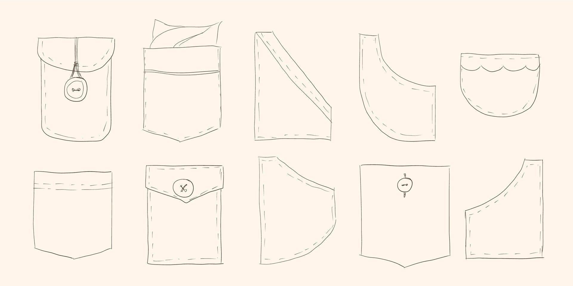 Set of hand drawn patch pocket icons for pants and other clothing. Isolated line illustration on beige background vector