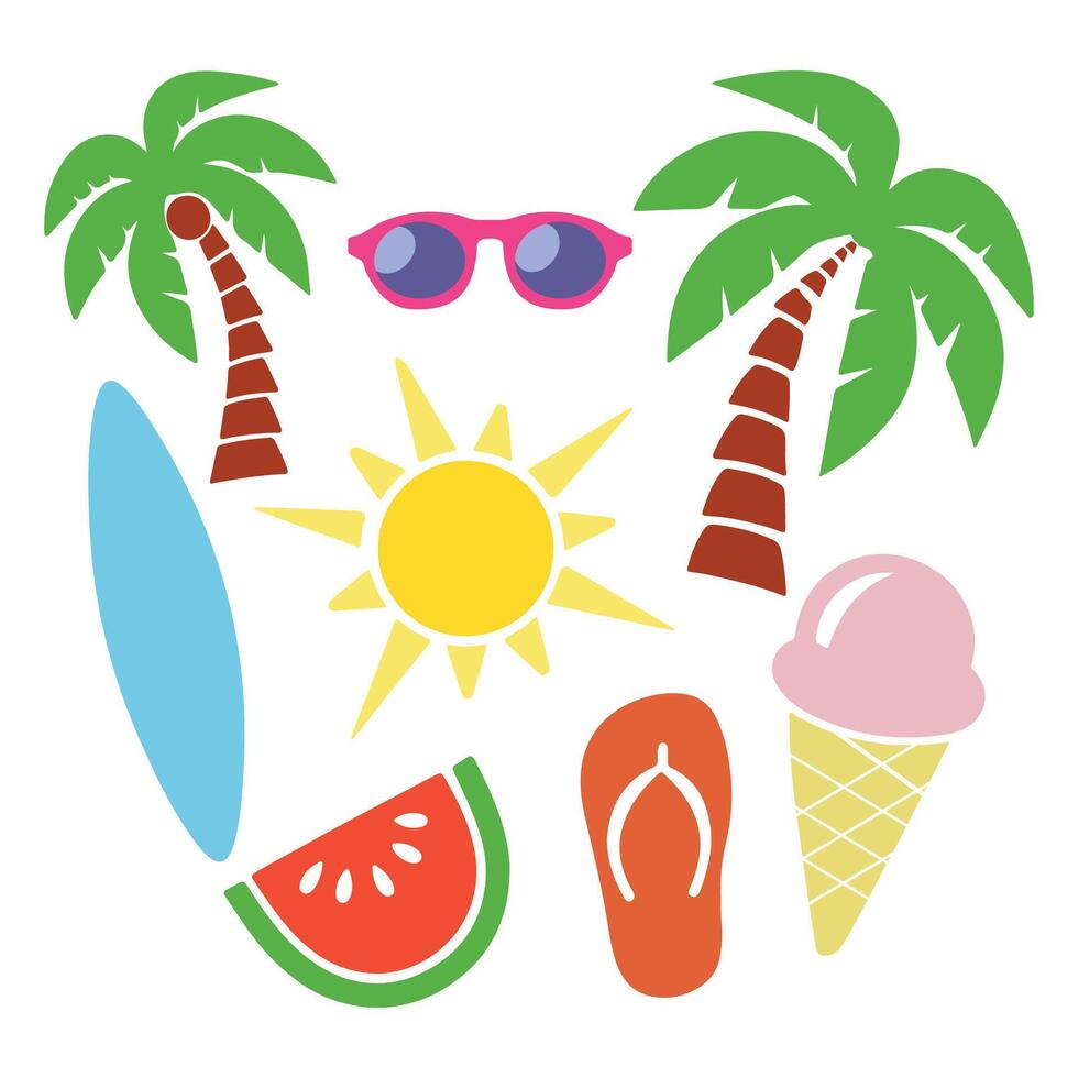 Playful Summer Vacation Icons Set Tropical Beach Elements and Travel Essentials in Cartoon Style.eps vector