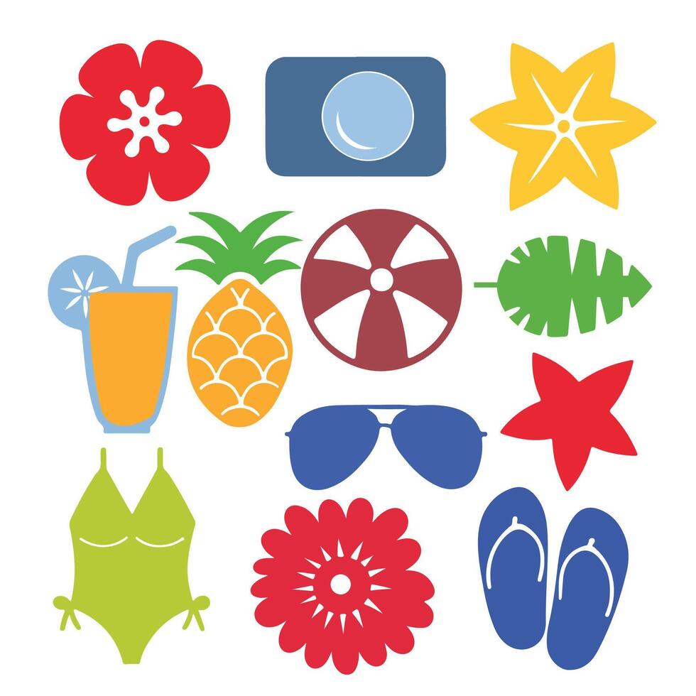 Colorful Summer Vacation Icon Set Tropical Beach, Travel, and Holiday Cartoon Illustrations.eps vector