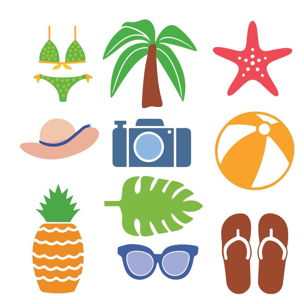 Vibrant Summer Vacation Icon Collection Tropical Beach and Travel Essentials in Fun Cartoon Style.eps vector