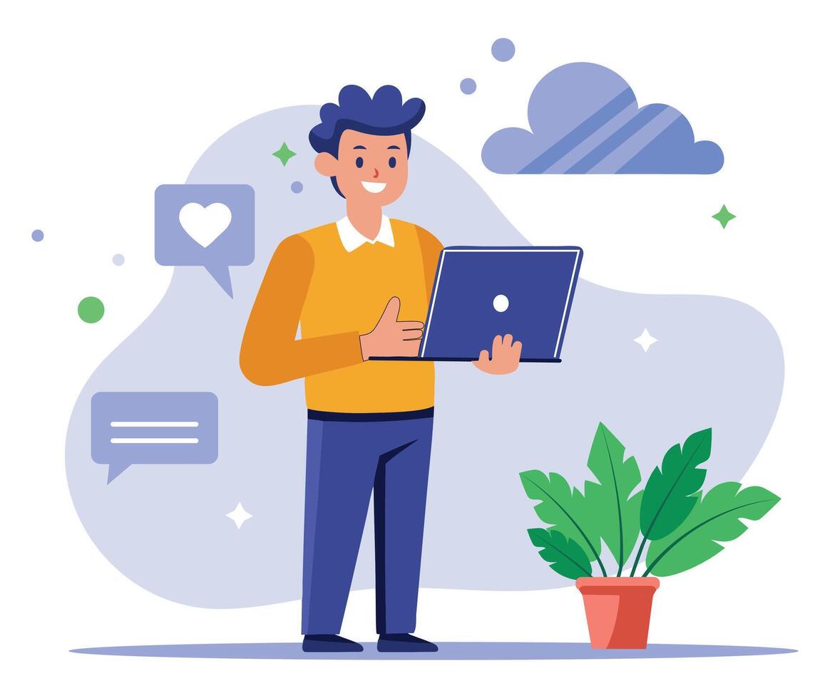A working professional is standing with a laptop in hand. The laptop is open, and he is giving a like with one hand. 2.eps vector