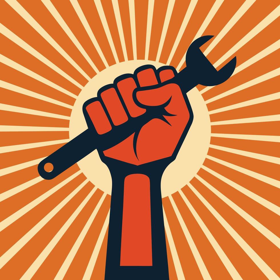 A sturdy hand gripping a tool, with rays of light shining behind, symbolizing the strength and dignity of labor.eps vector