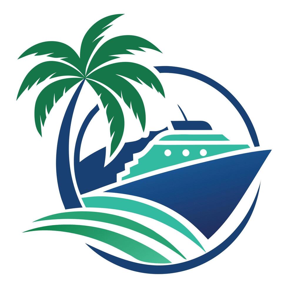 A creative and tropical logo design featuring a cruise ship and a coconut tree.eps vector