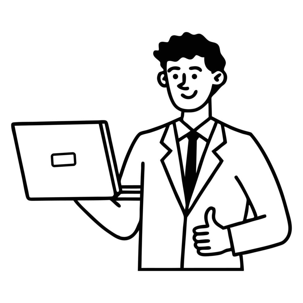 A working professional is standing with a laptop in hand. The laptop is open, and he is giving a like with one hand..eps vector