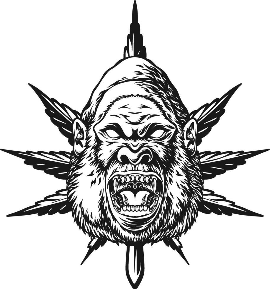 Gorilla Head with Cannabis Leaf Frame Silhouette Mascot vector