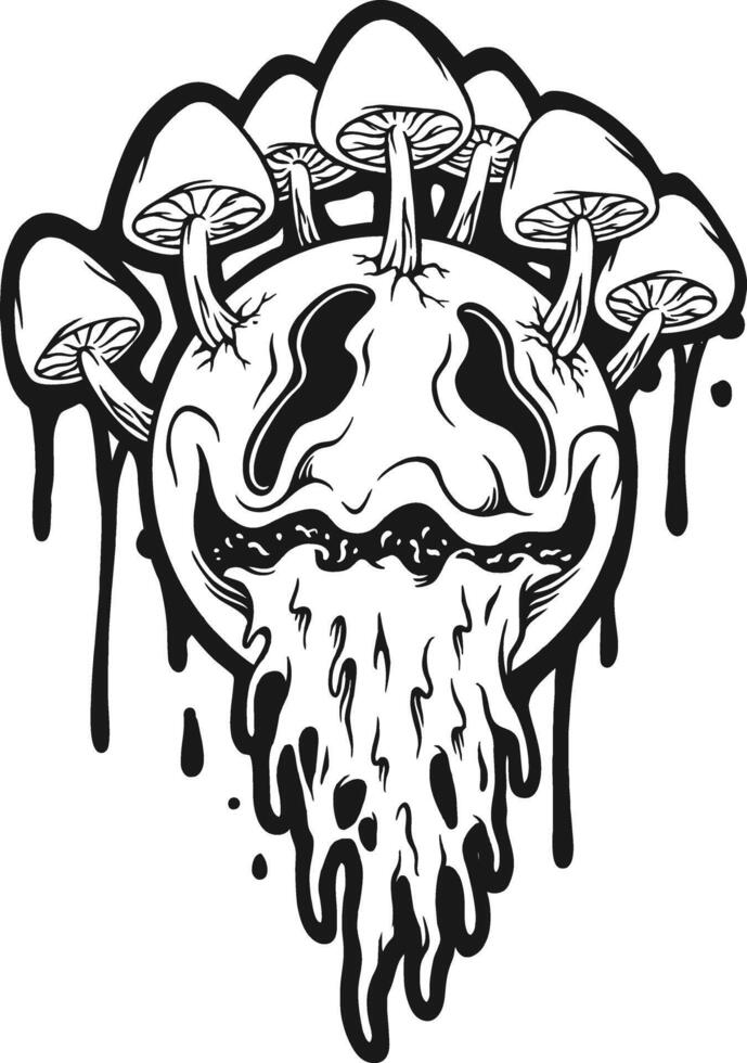 Psychedelic Smiling Face with Mushrooms and Drips Silhouette vector