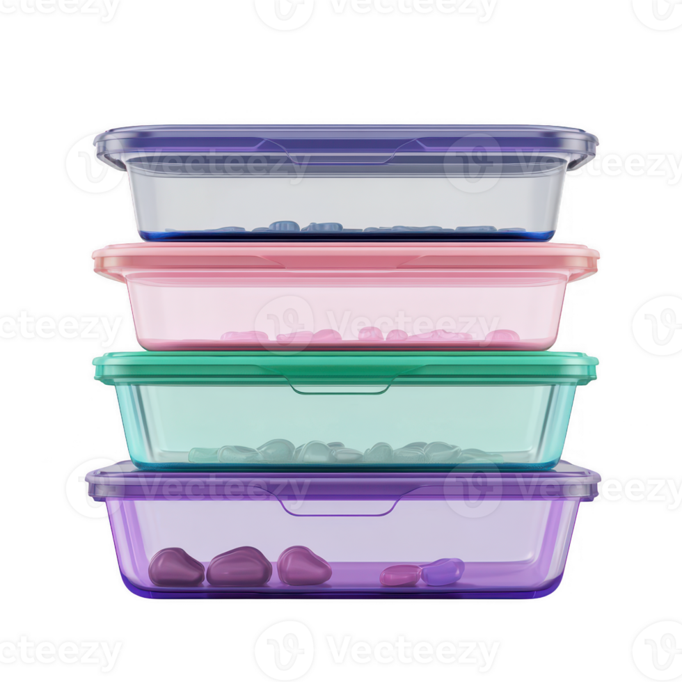 Stack of Four Colorful Plastic Containers with Heart Shaped Candies png