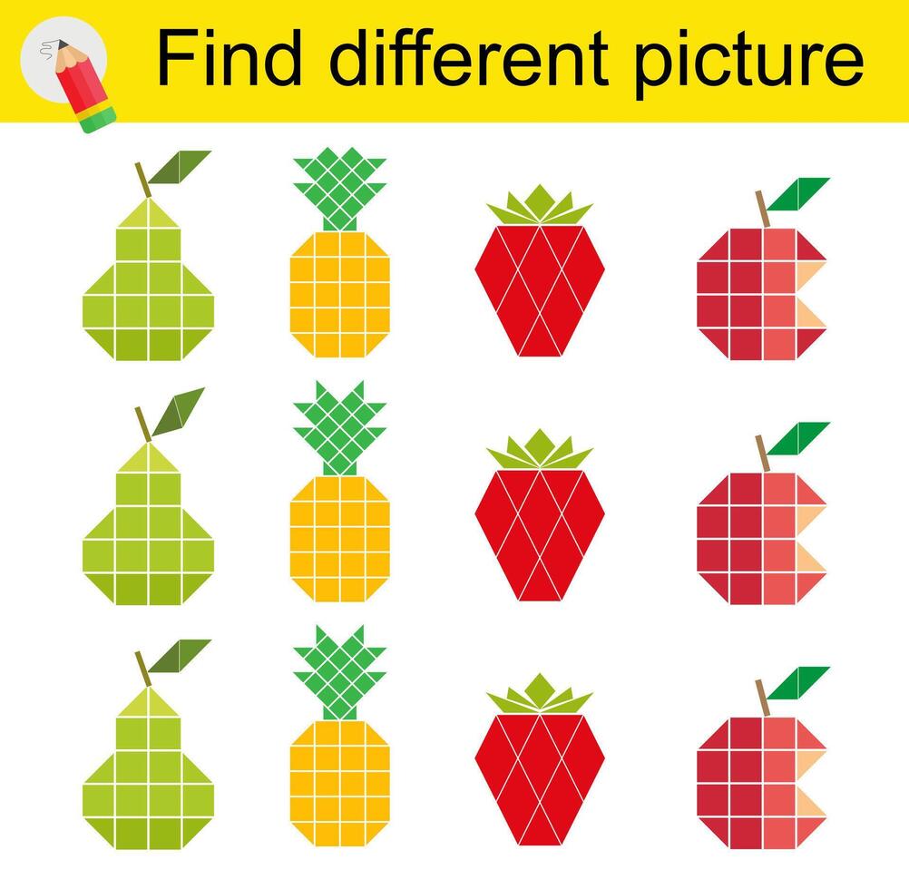 Fun puzzle game for children. Find the odd one in the group. illustration of cartoon pear, pineapple, strawberry, apple. vector