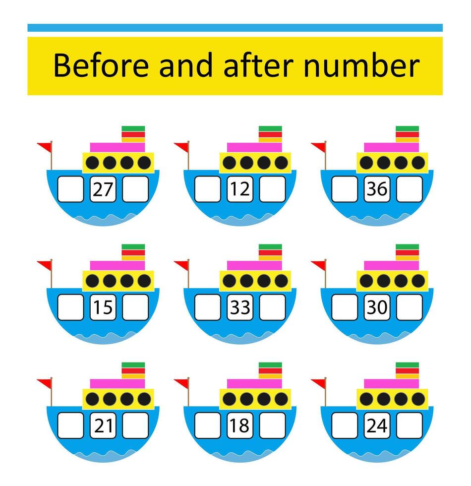 What comes Before and After. Math worksheets for kids. Number range up to 40. vector