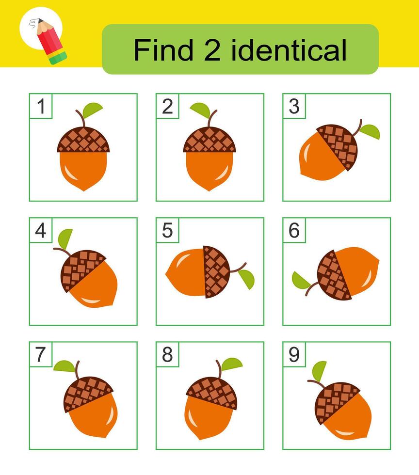 Fun puzzle game. Need to find two identical acorn.Answer is 4,9. vector