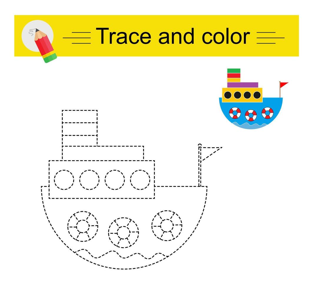Trace and color for children. Preschool worksheet for practicing fine motor skills. Cartoon ship. vector
