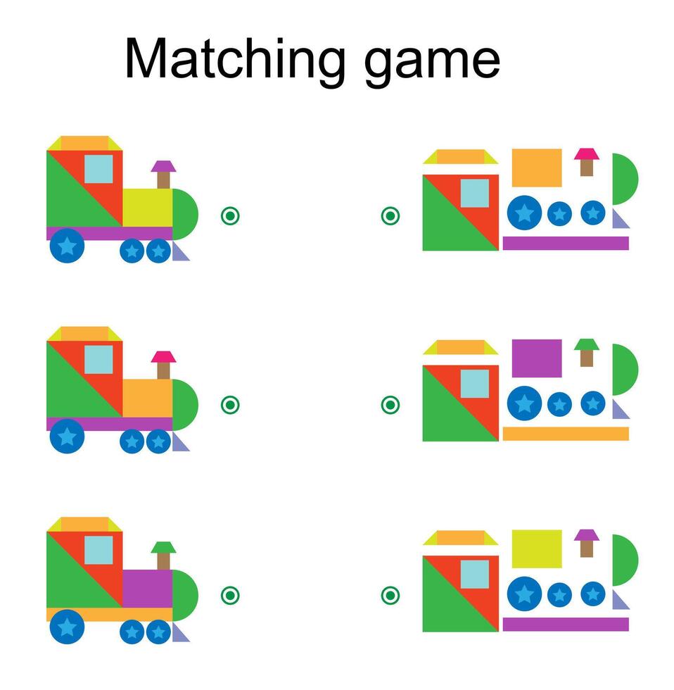 Matching game for kids. Find the correct color of cartoon locomotive and match. vector