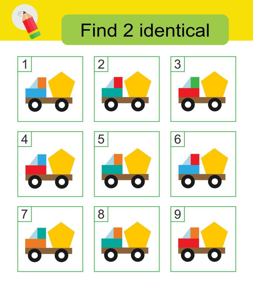 Fun puzzle game. Need to find two identical cars. Answer is 5,8. vector
