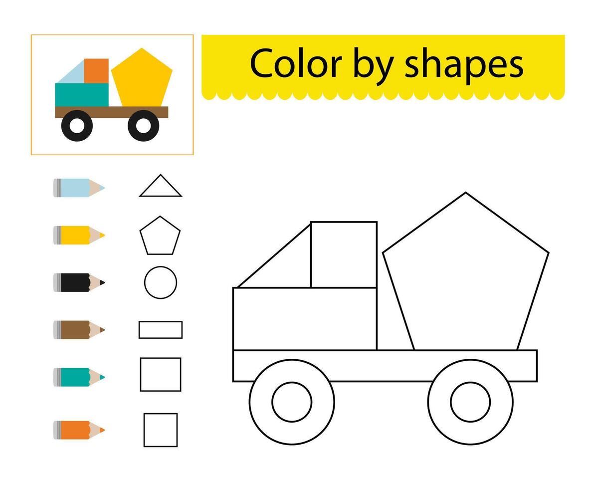 Coloring pages. Color by shapes. Illustration for children education. Cartoon truck. vector