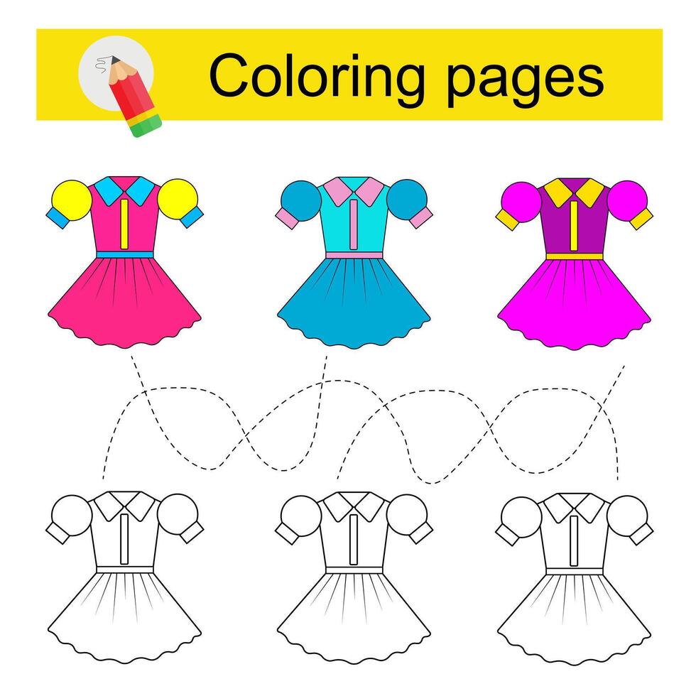Educational game for kids. Go through the maze and color a cartoon dress according to the pattern. vector