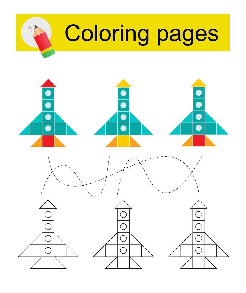 Educational game for kids. Go through the maze and color a cartoon rocket according to the pattern. vector
