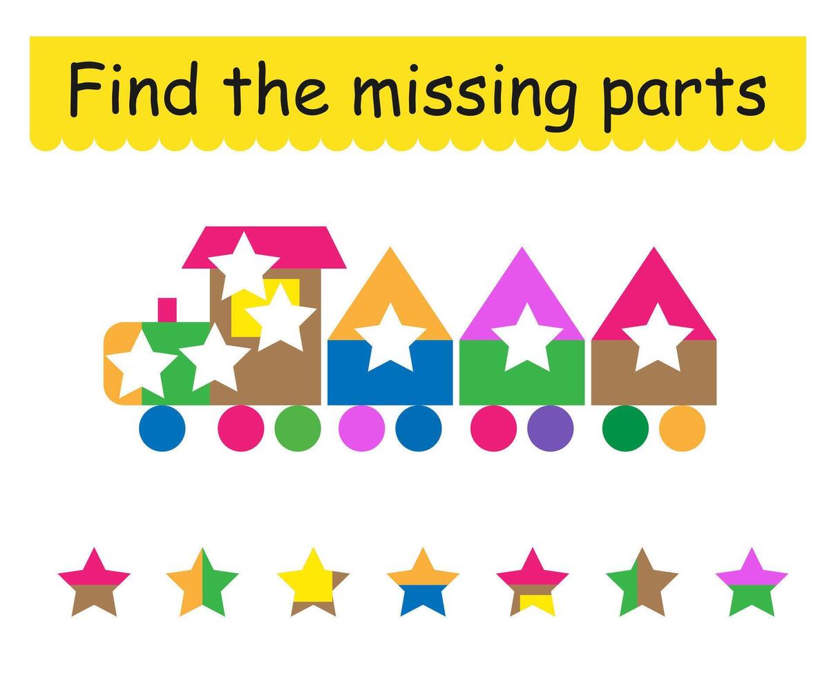 Game for children. Cute cartoon train. Find the missing pieces. vector