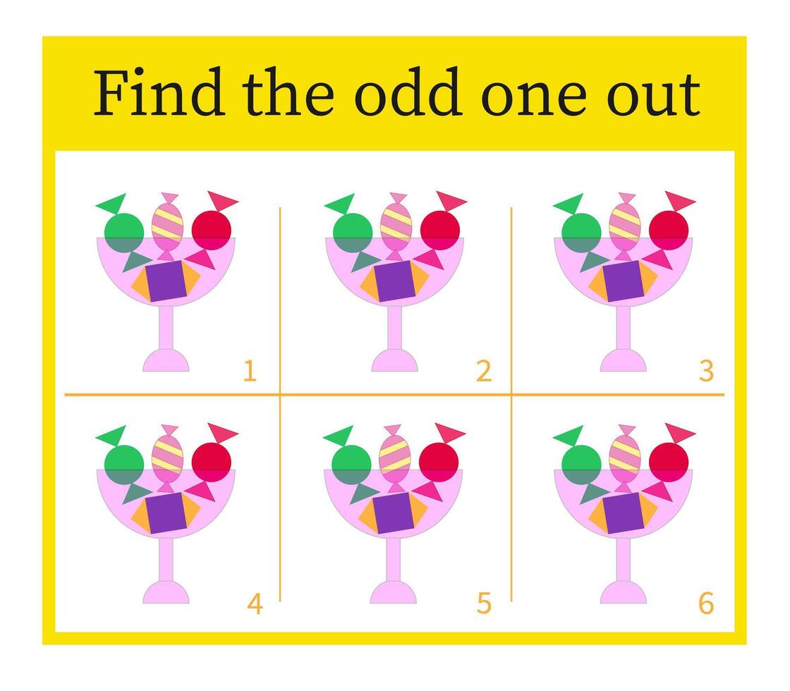 Puzzle game for children. Task for development of attention and logic. Cartoon candy bowl. vector