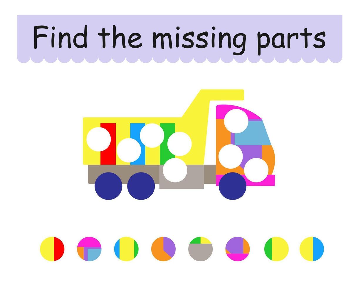 Game for children. Cute cartoon dump truck. Find the missing pieces. vector