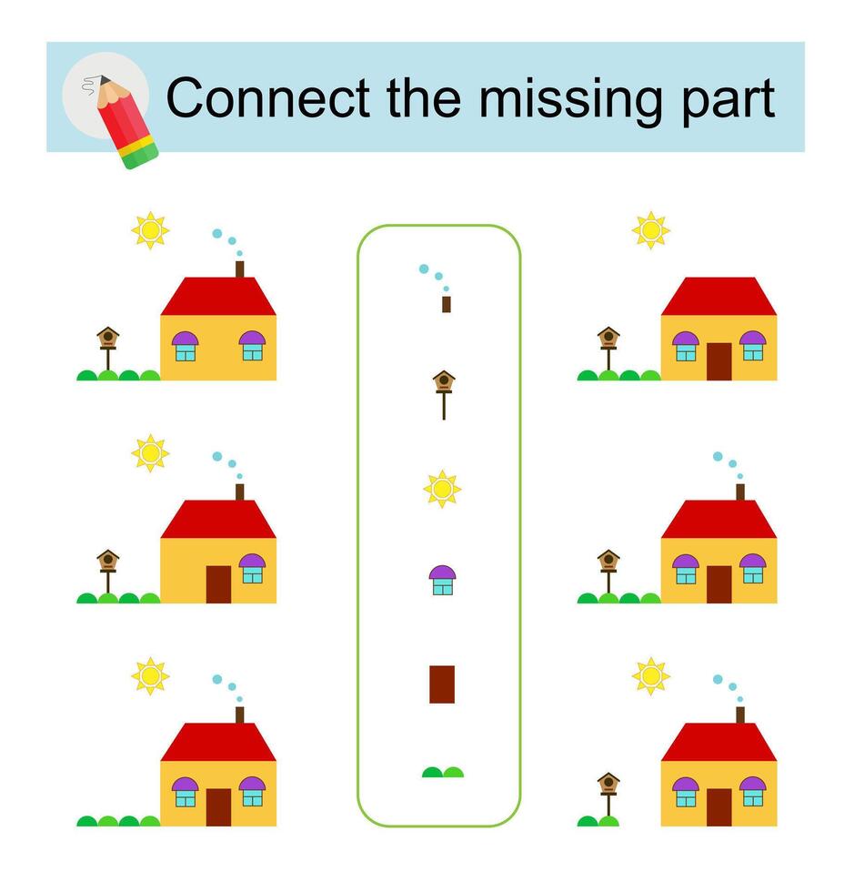 Connect the missing part. Task for the development of attention and logic. Cartoon home. vector
