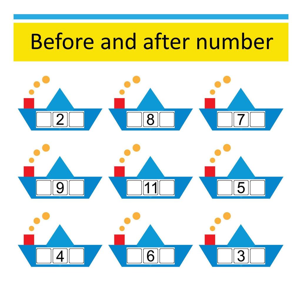 What comes Before and After. Math worksheets for kids. Number range up to 15. illustration of cartoon paper boat. vector