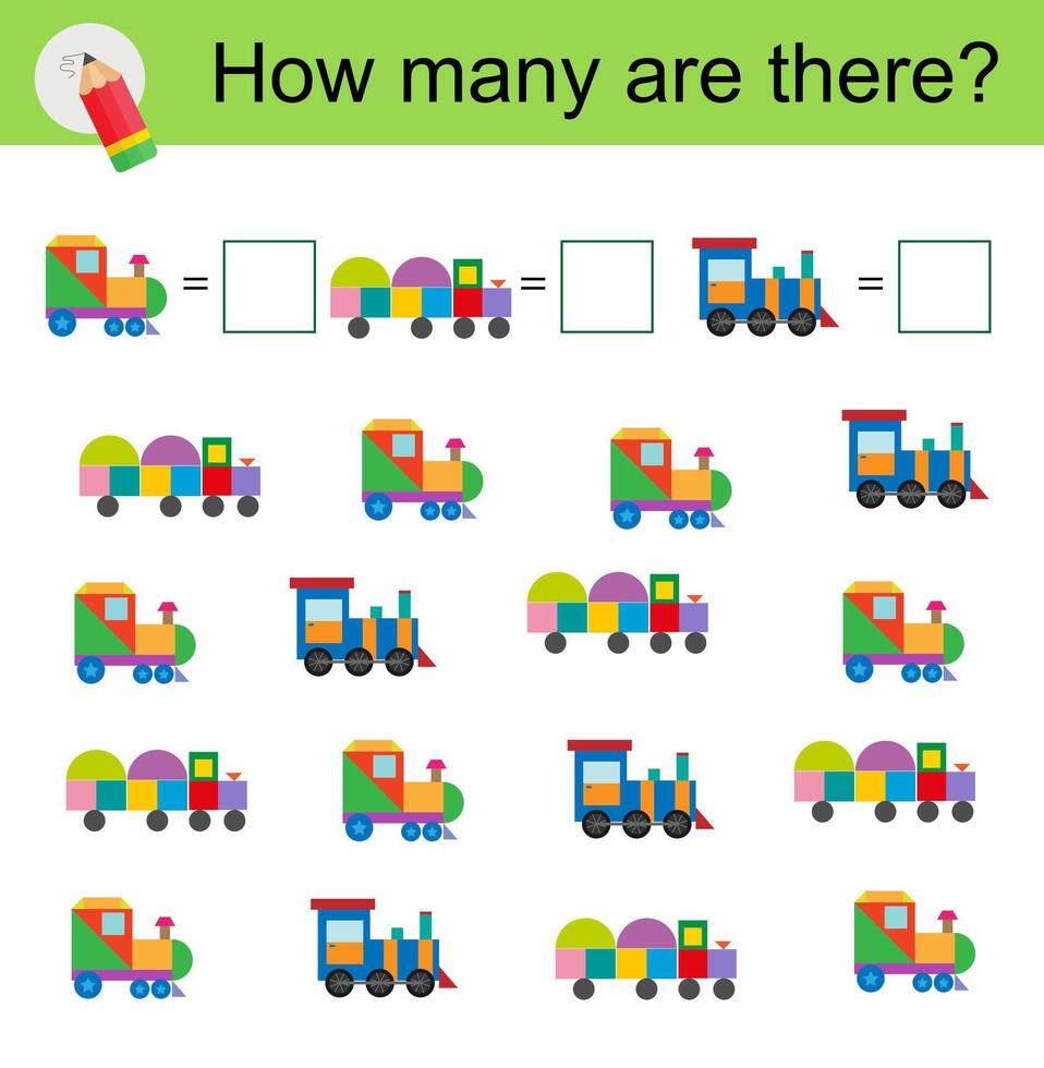 Math activity for kids. Developing numeracy skills. Cartoon train. vector