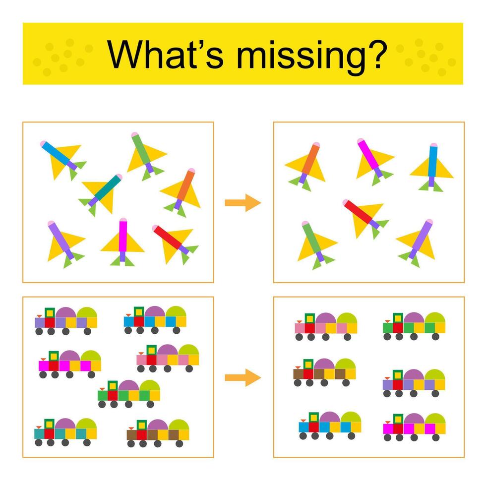 Puzzle game for kids. Task for the development of attention and logic. Find the missing train and airplane. vector
