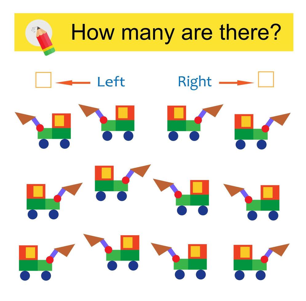 Math activity for kids. Developing numeracy skills. Cartoon excavator. vector