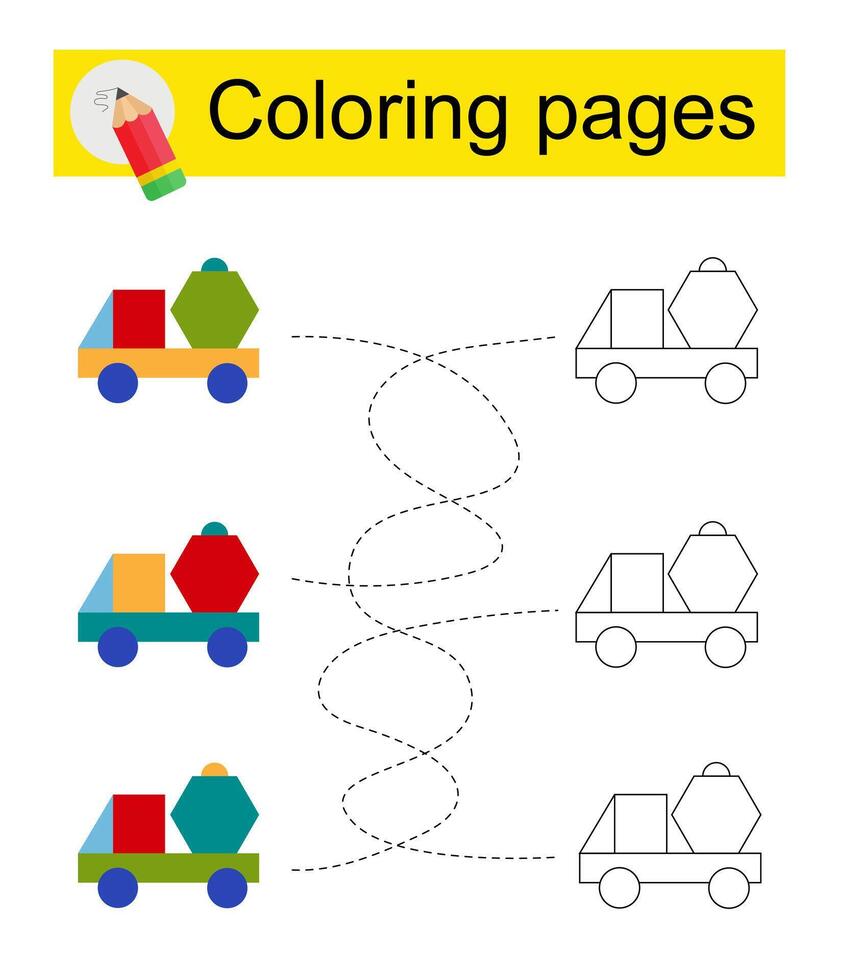 Educational game Go through the maze and color a cartoon truck according to the pattern. vector