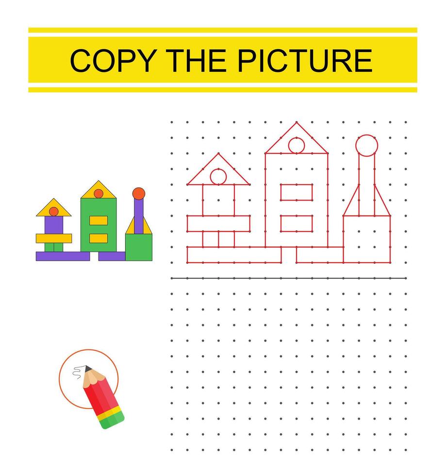 Educational game for preschool kids. Copy the cartoon excavator picture by connecting the dot. Dot to dot copy practice. vector