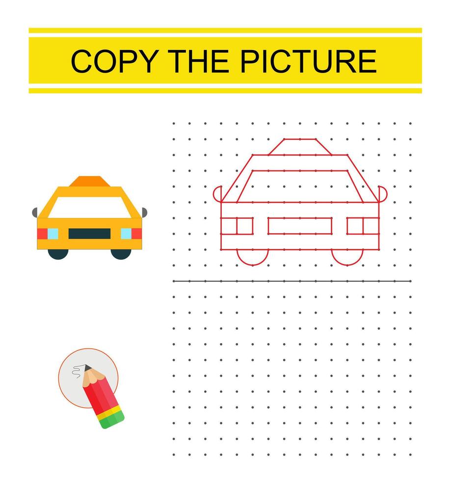 Education game for preschool kids. Copy the cartoon car picture by connecting the dot. Dot to dot copy practice. vector