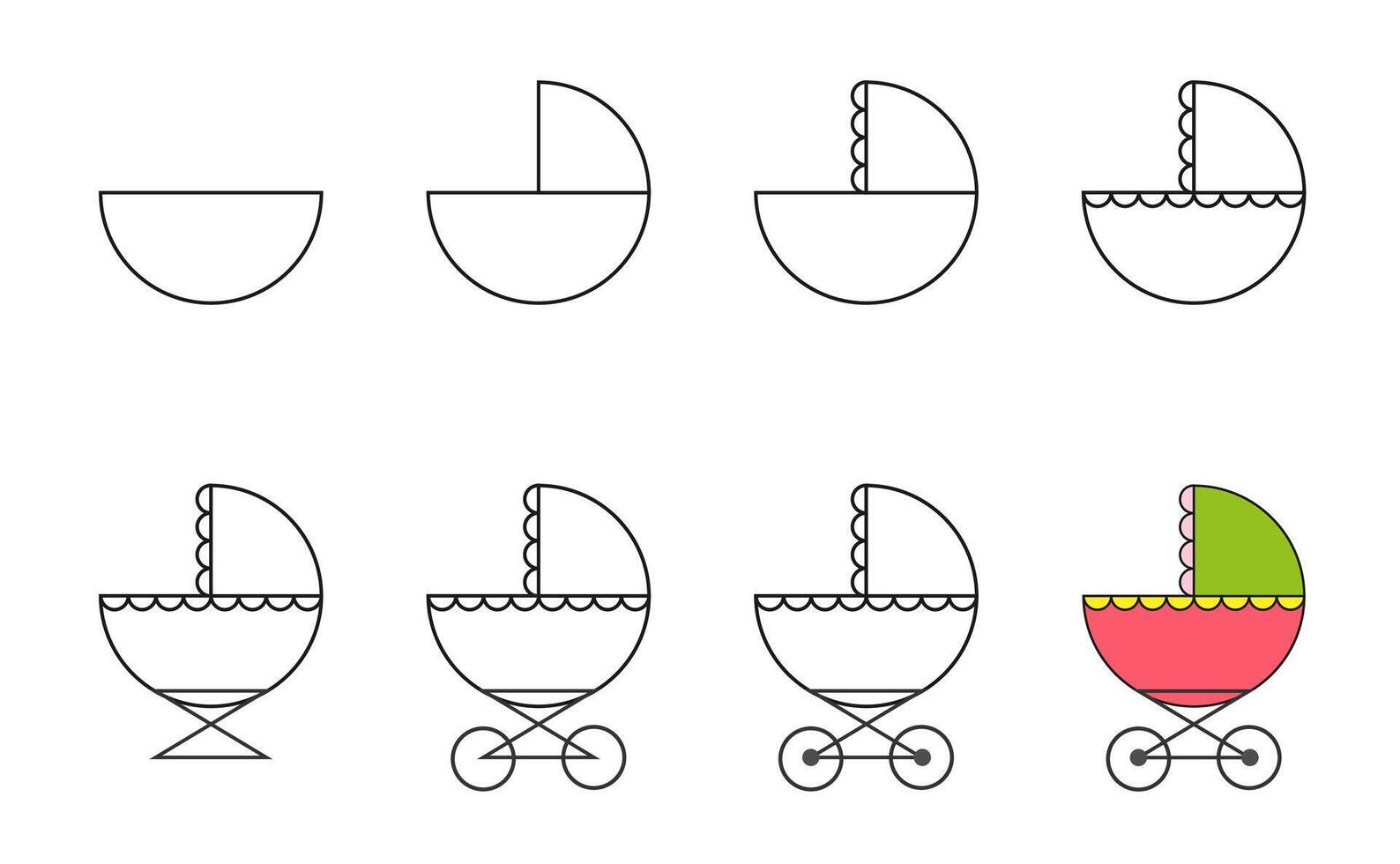 How to draw step by step Worksheet easy guide to drawing cartoon baby carriage. Developing kids skills for drawing and coloring. vector