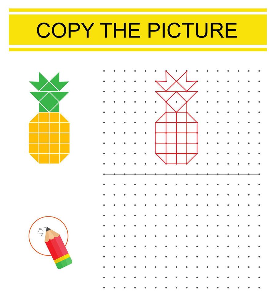 Educational game for preschool kids. Copy the cartoon pineapple picture by connecting the dot. Dot to dot copy practice. vector
