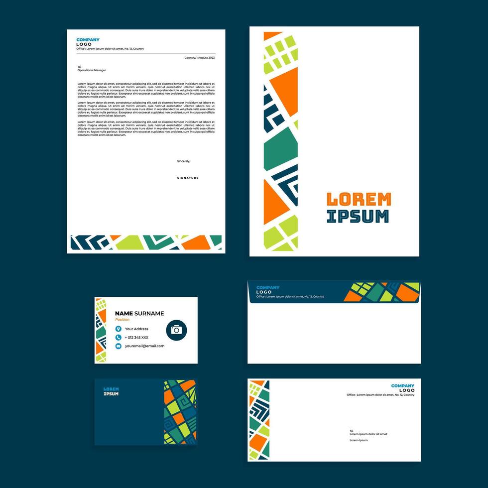 Stationery Set Design with Abstract Square Geometric Mosaic Composition vector