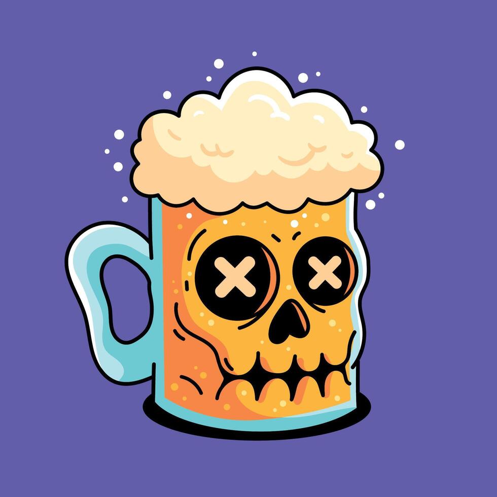 A skull with a beer mug on a purple background vector