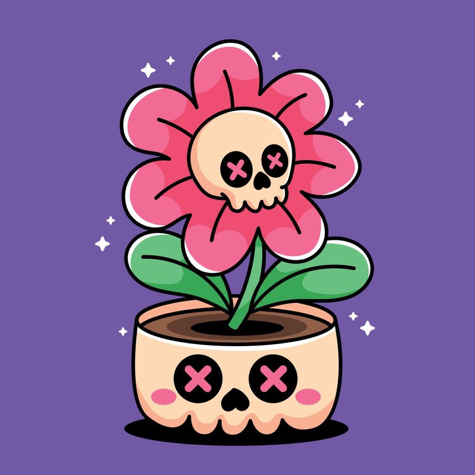 A cartoon skull with a flower in a pot vector