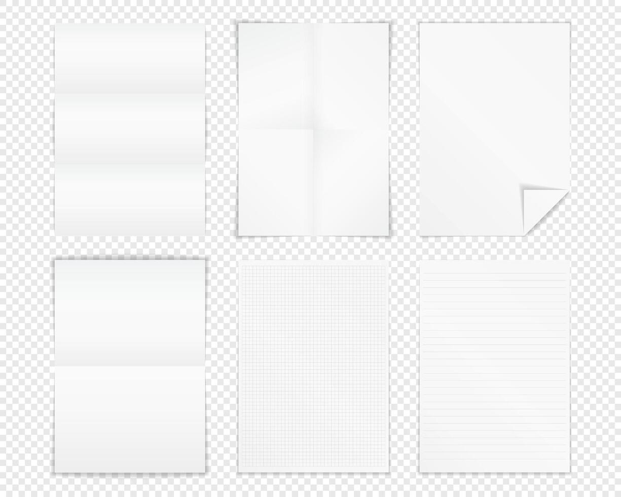 Different A4 format paper - folded paper, paper with curl, paper with lines and squares vector