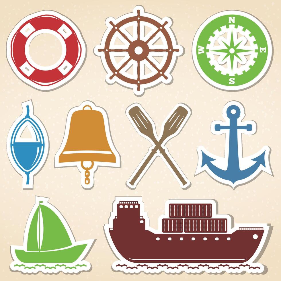 Nautical icons, colored stickers style vector