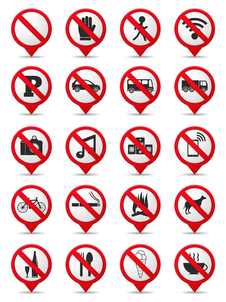 Set of prohibition signs as map markers vector