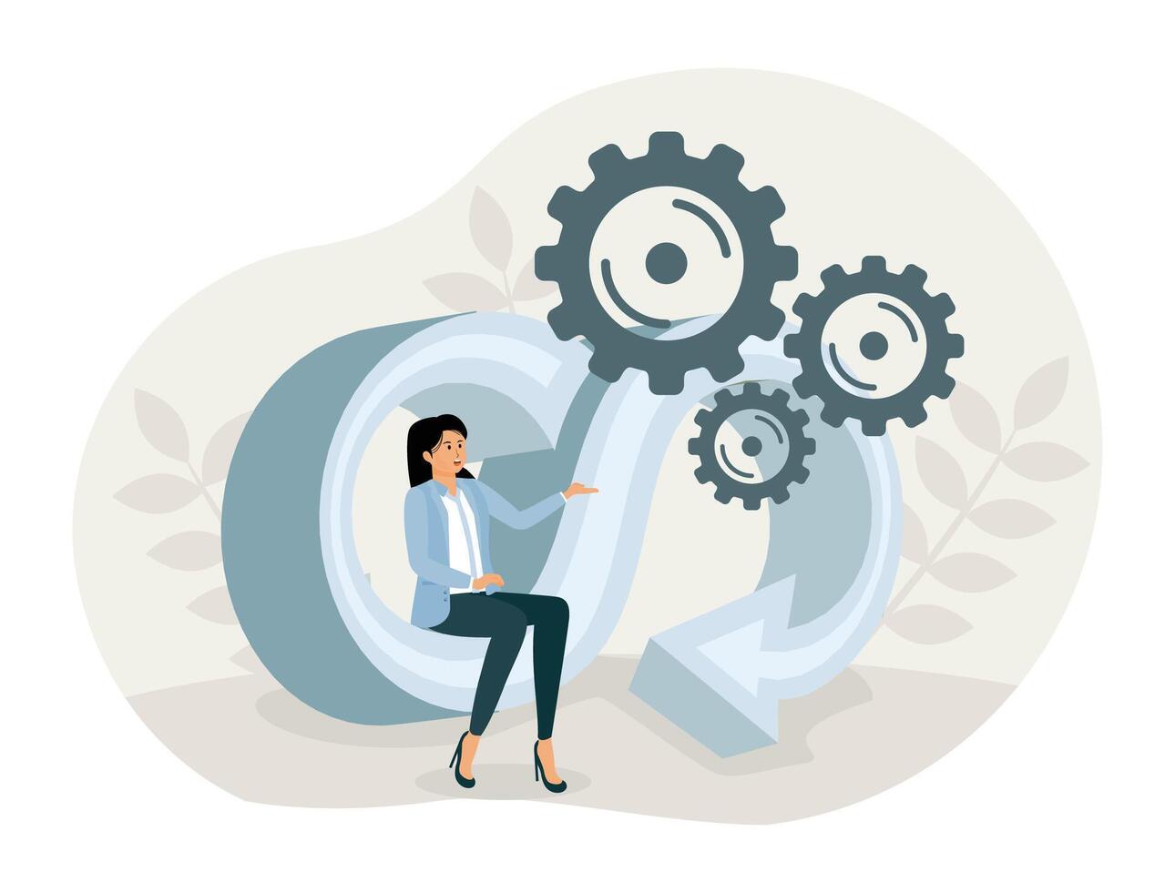 Process and Work flow. Businesswoman with Gears and Arrow. vector