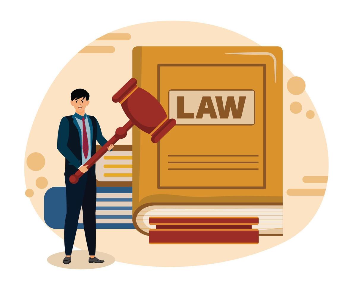 judge knocking with wooden hammer. Lawyer With a Gavel and a Law Book Representation. vector