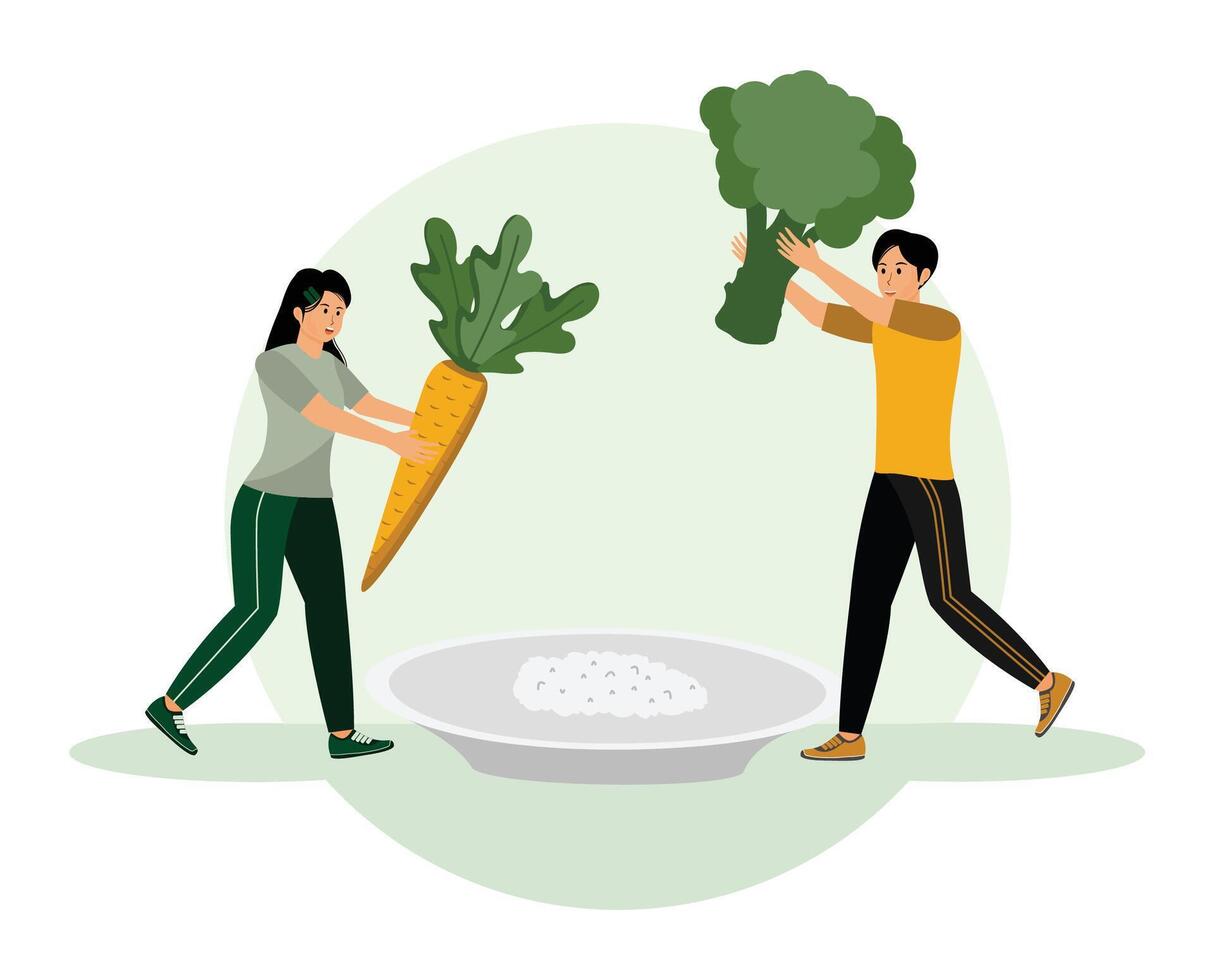 Following vegan diet. Two People Adding Giant Vegetables to a Bowl With Rice. vector