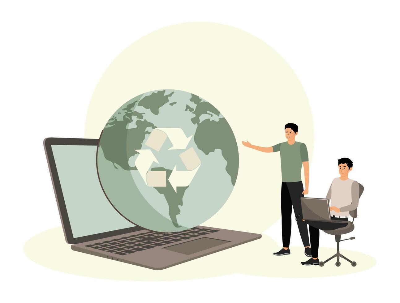 E-Waste Recycling Concept With Laptop Globe and Individuals. vector