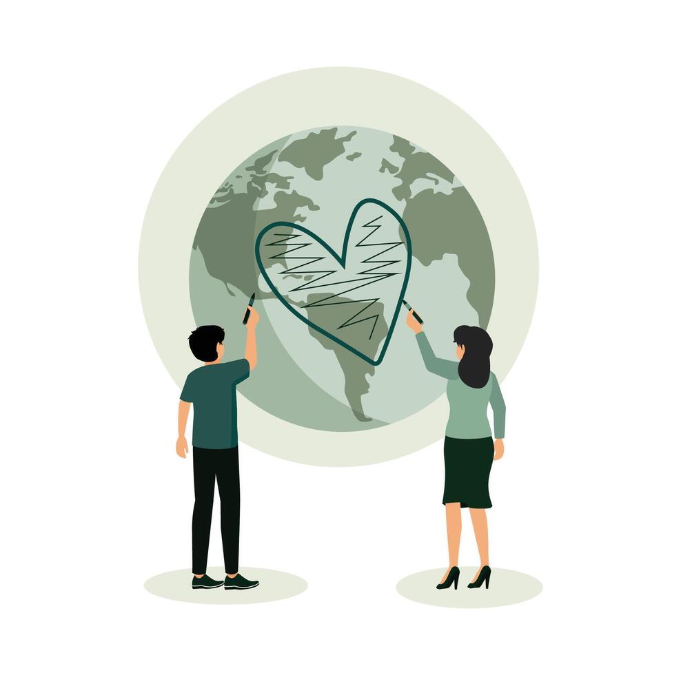 Trying to save planet earth. Two Individuals Drawing a Heart on a Globe Representing Environmental Care. vector