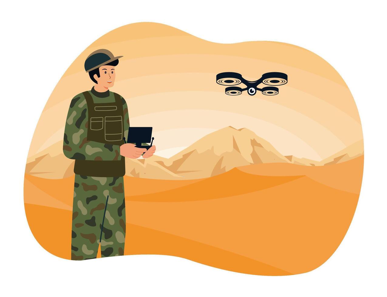 Military training. Soldier operating of flying drone at sunset. vector