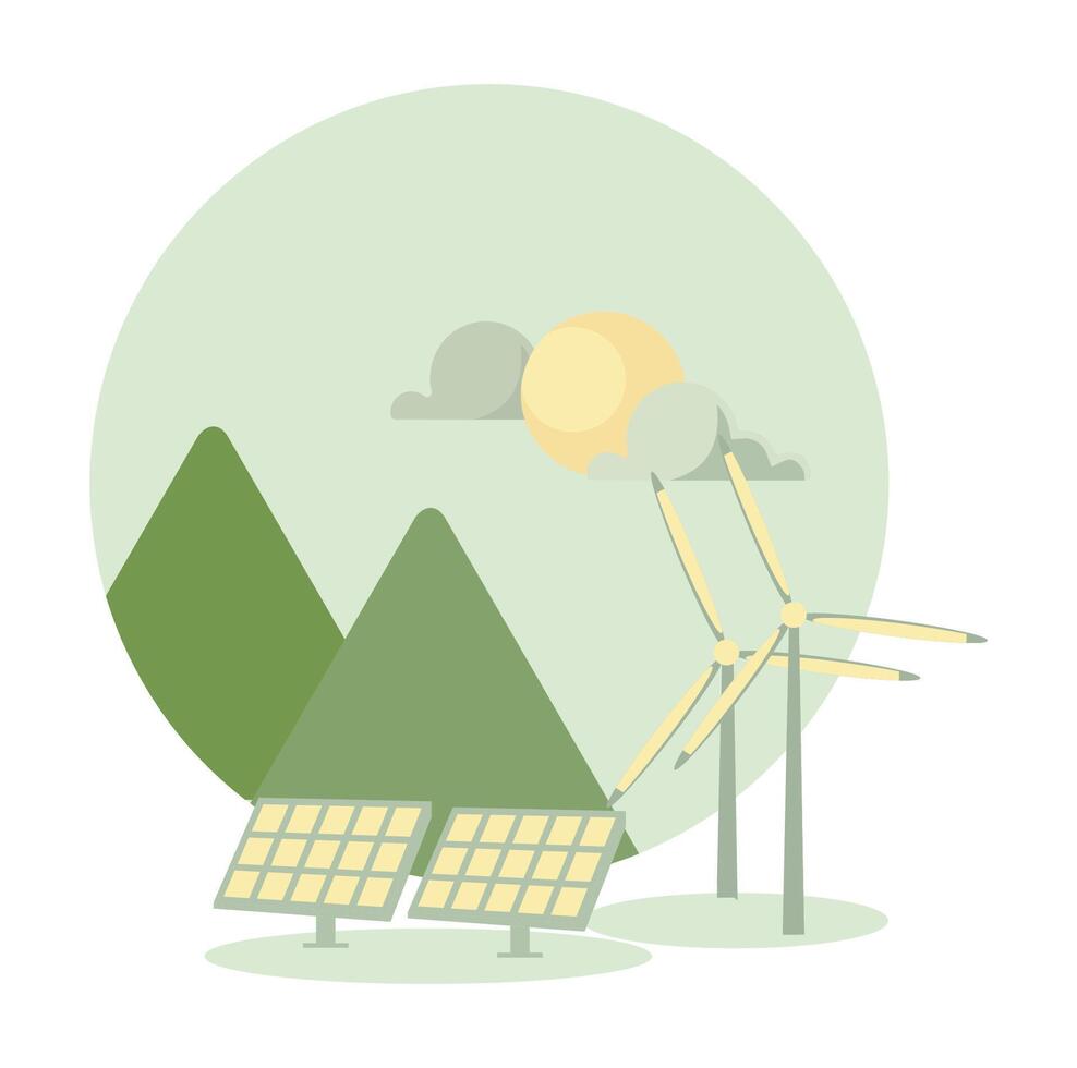 sustainable energy sources showcasing solar panels and wind turbines in nature. vector