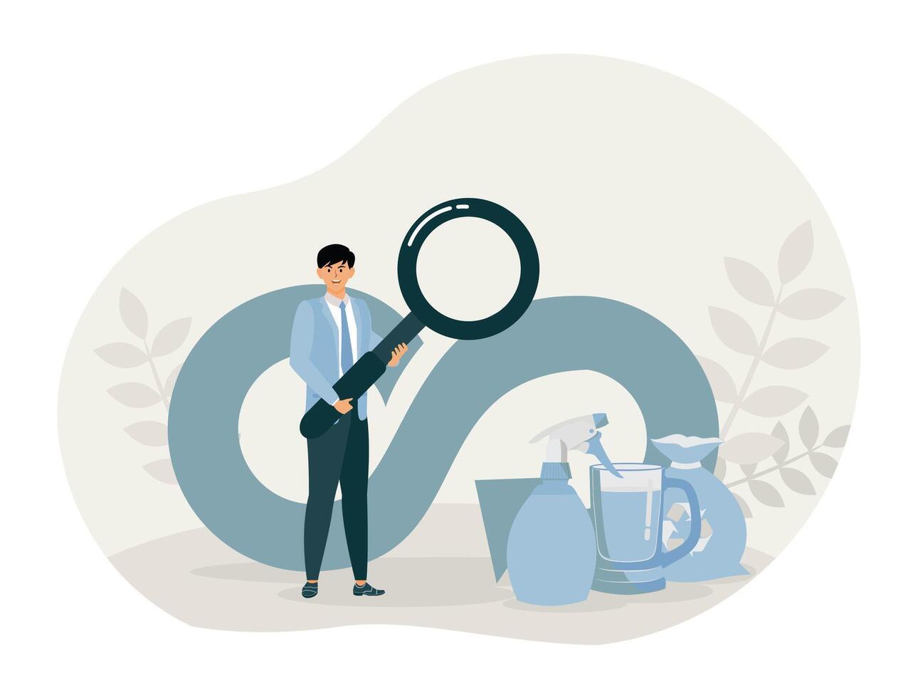 Sustainability Concepts. Man with Magnifying Glass Exploring Cleaning Supplies. vector